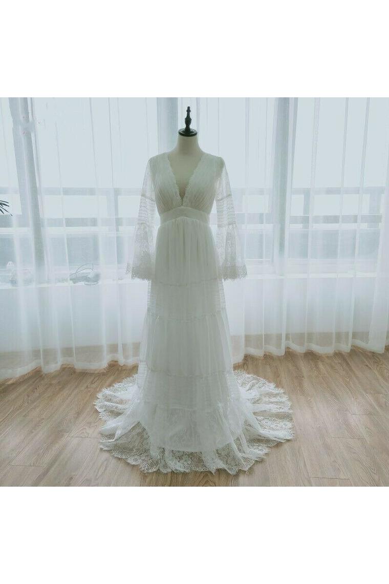 A Line Long Sleeves Deep V Neck Lace Backless Wedding Dresses Long Bridal SRSPBASH993