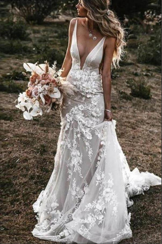 Tulle Lace Mermaid Backless Deep V Neck Wedding Dresses, Bridal Gown