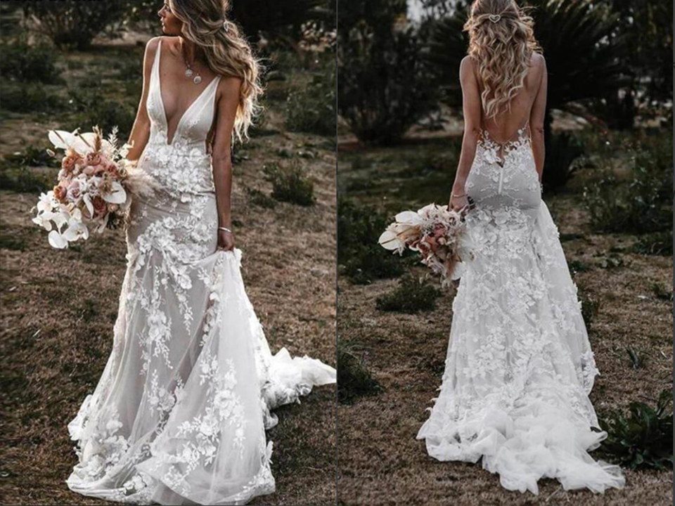 Tulle Lace Mermaid Backless Deep V Neck Wedding Dresses, Bridal Gown