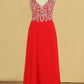 Red Plus Size V Neck Beaded Bodice Chiffon & Tulle A Line Prom Dresses