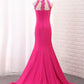 Satin Mermaid High Neck Prom Dresses With Applique Sweep Train