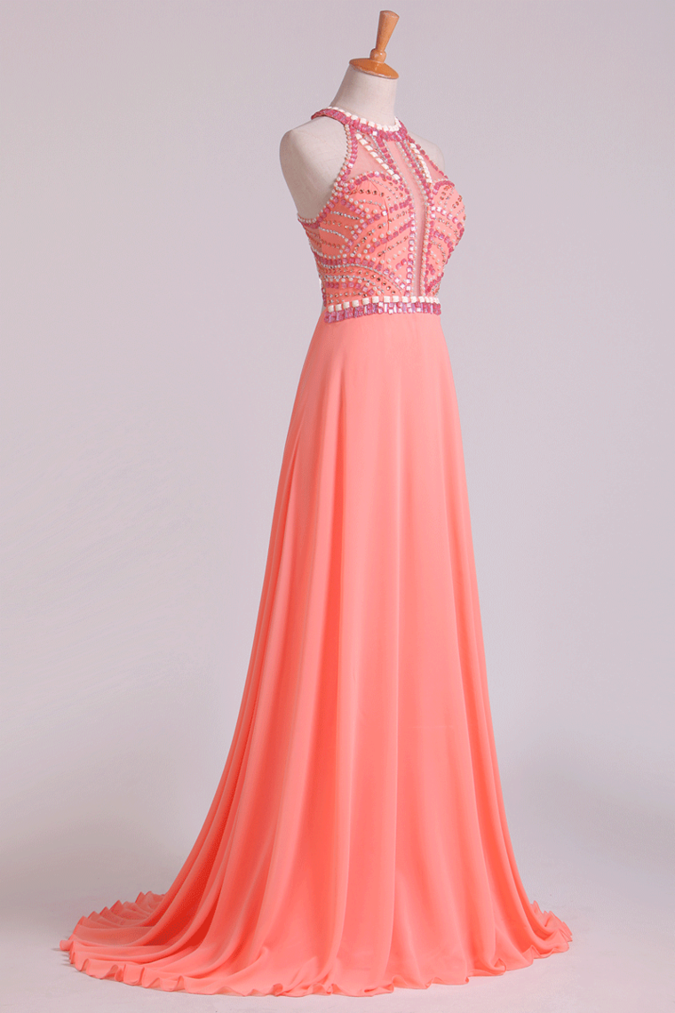 Halter Prom Dresses A Line Chiffon & Tulle Sweep Train With Beading