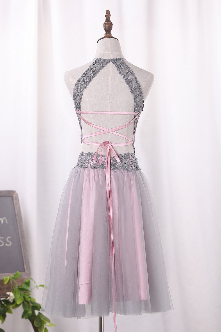 Two Pieces Halter Homecoming Dresses A Line Tulle Short/Mini Lace Bodice