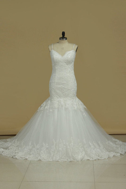 2024 New Arrival Wedding Dresses Mermaid Spaghetti Sraps Tulle With Applique
