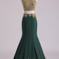 Dark Green Mermaid Two-Piece Prom Dresses Scoop Sweep/Brush Chiffon With Gold Applique
