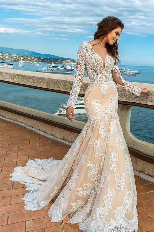 2024 Tulle Scoop Long Sleeves With Applique Mermaid Wedding Dresses