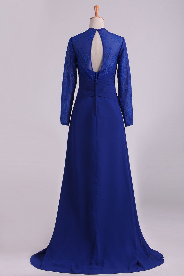 Mother Of The Bride Dresses Long Sleeves Chiffon With Applique Open Back Dark Royal Blue