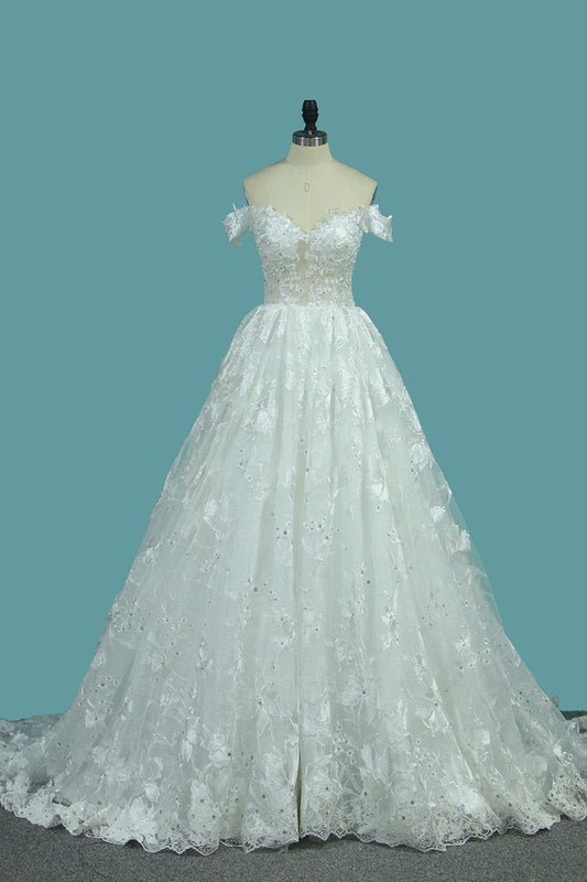 2024 Off The Shoulder A Line Lace Wedding Dresses With Applique Chapel Train