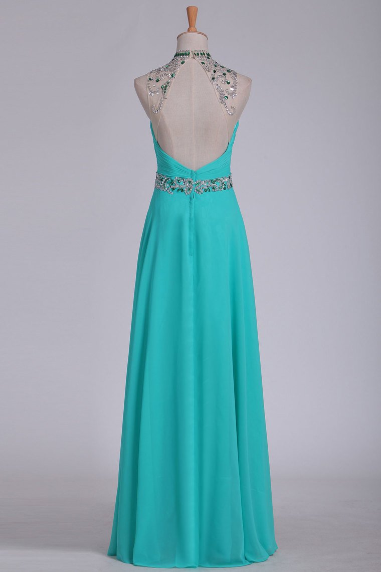 Sexy Open Back High Neck With Beads And Ruffles Prom Dresses A Line Chiffon