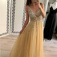 Champagne Tulle Beading A-Line V-Neck Prom Dresses WIth Sweep Train