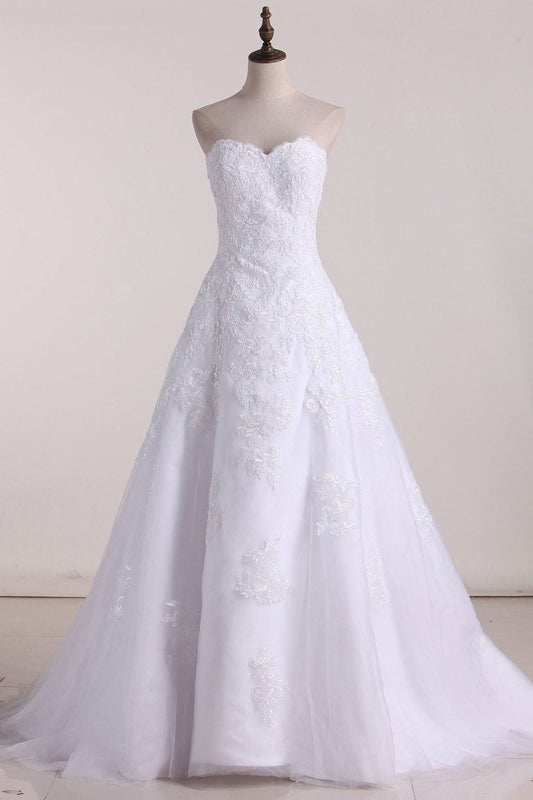 2024 Strapless Wedding Dresses A Line Tulle With Applique Court Train