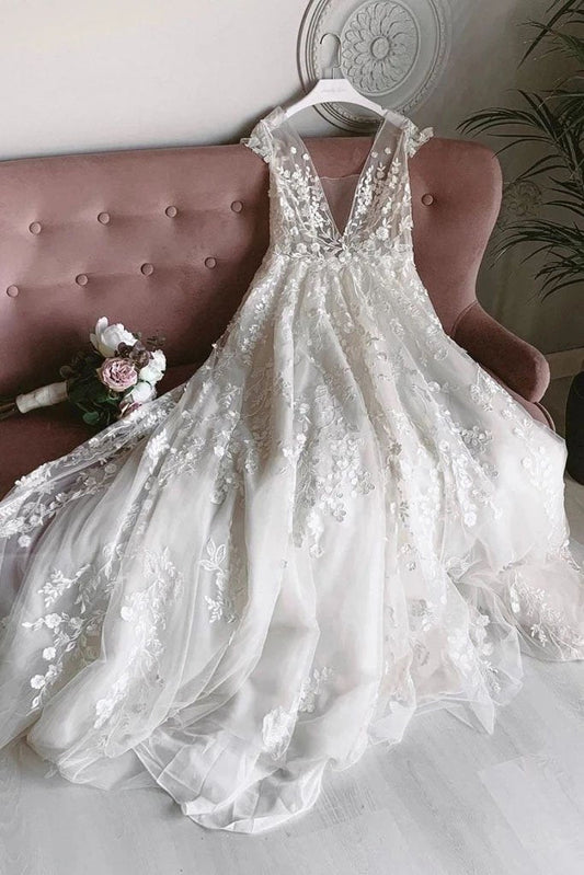 Elegant A-line V-neck Long Prom Dresses Appliques Backless Wedding Dresses SRS15154