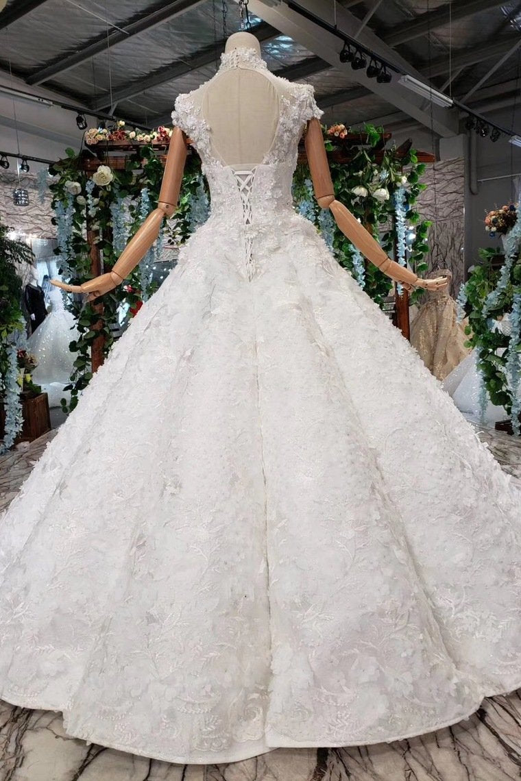 New Wedding Dresses Short Sleeves Ball Gown Lace Up Back With Applique&Beads