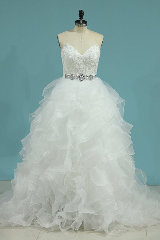 2024 Sweetheart A Line Tulle Wedding Dresses With Applique And Sash
