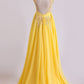 Enchanted Bateau A-Line Court Train Prom Dresses With Applique & Bow-Knot Daffodil