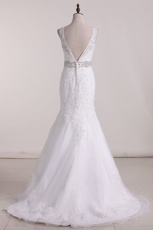 2024 V-Neck Wedding Dresses Mermaid/Trumpet Tulle With Embroidery And Beads Court Train