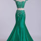 Two Pieces Bateau Prom Dresses Mermaid Sweep Train With Beading & Applique