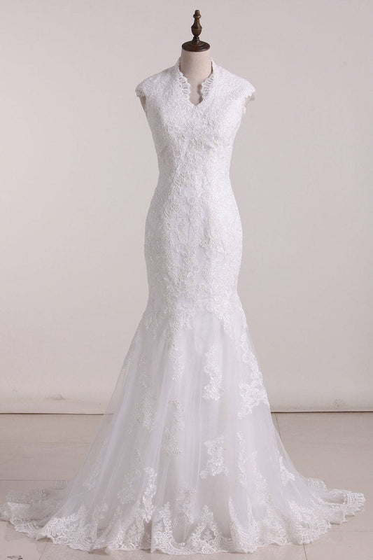 2024 Mermaid V Neck Wedding Dresses Tulle With Applique And Sash Sweep Train