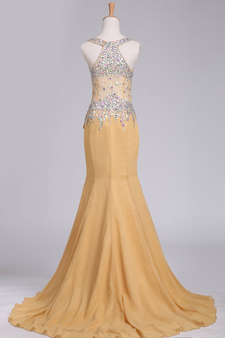 New Arrival Chiffon Prom Dresses Straps With Beading Sweep Train Mermaid