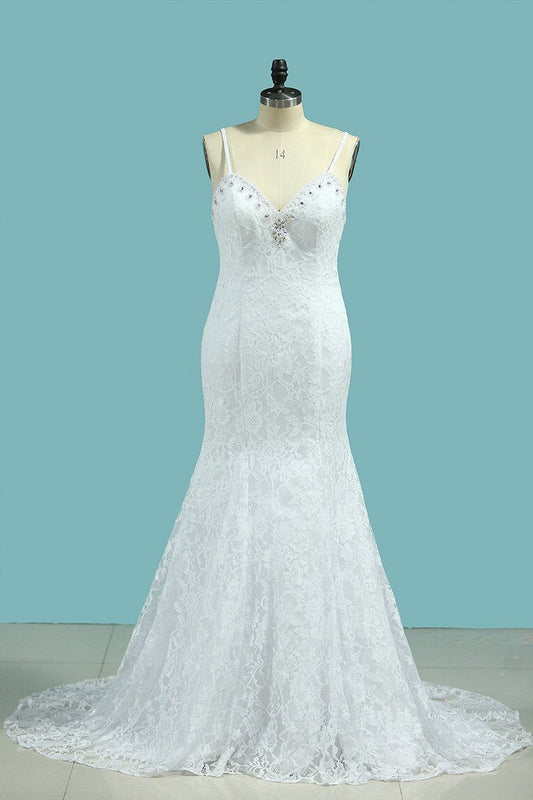 2024 Mermaid Spaghetti Straps Wedding Dresses Open Back Lace With Beading