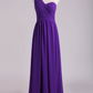 One Shoulder Pleated Bodice Lace Back A Line Evening Dress Full Length Chiffon