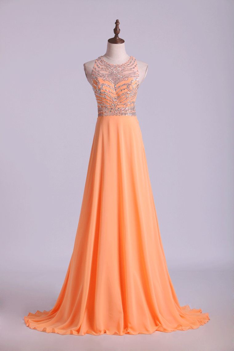 Halter A-Line Prom Dresses Tulle And Chiffon Sweep Train
