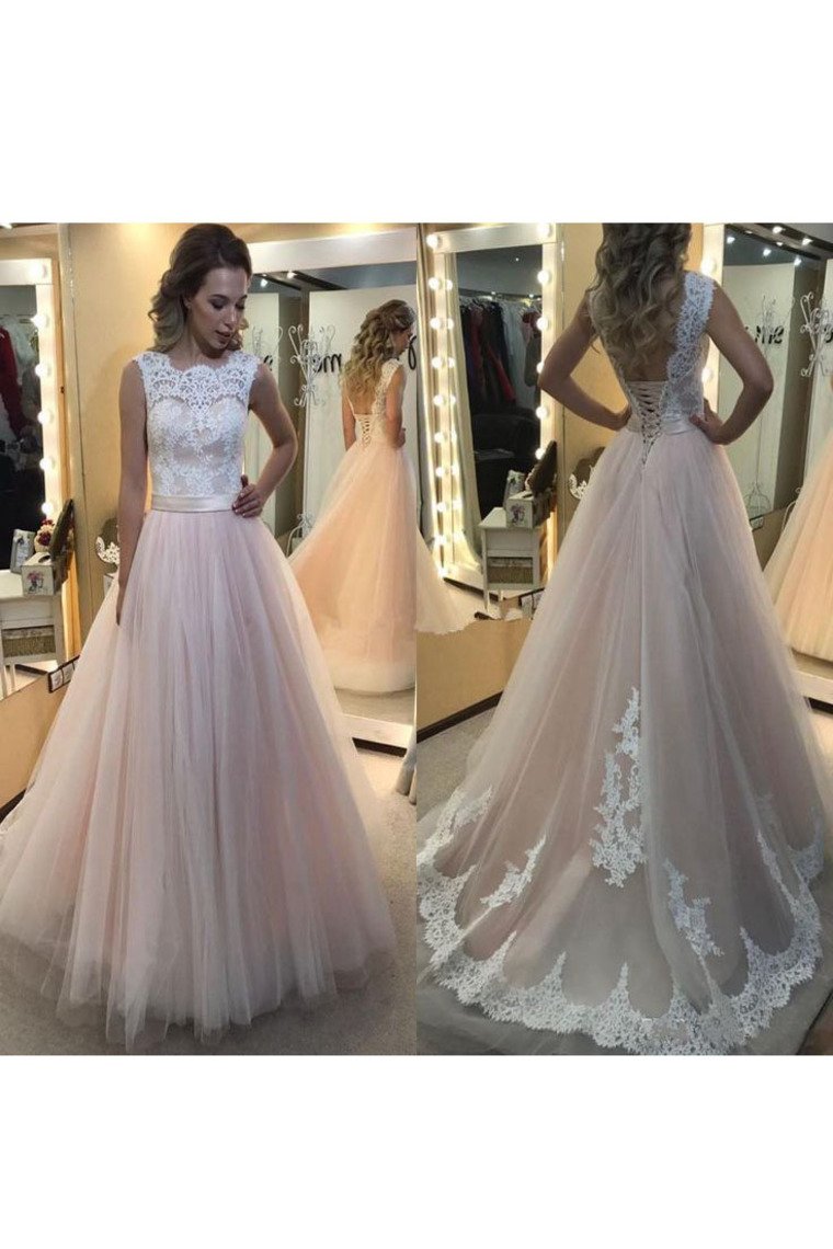 Scoop Tulle With Applique And Sash A Line Lace Up Wedding Dresses