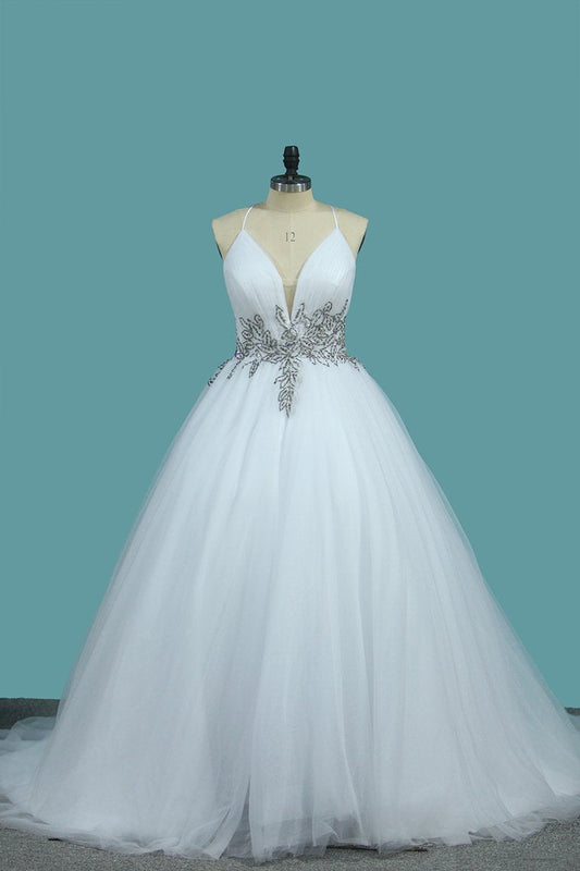 2024 A Line Spaghetti Straps Wedding Dresses Tulle With Beads Open Back