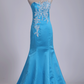 Trumpet Prom Dresses Bateau With Applique And Beads Satin Sweep Train