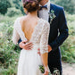 3/4 Sleeve See Through Backless Lace Wedding Gowns Chiffon Rustic Wedding Dresses