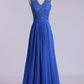 V Neck Cap Sleeves Prom Dresses Chiffon Floor Length With Applique & Sash Backless