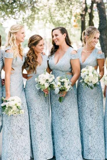 Mermaid Lace Baby Blue V Neck Bridesmaid Dresses for Wedding SRS20425