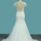 2024 Short Sleeves V-Neck Tulle Mermaid/Trumpet Wedding Dresses With Applique