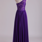 Evening Dress One Shoulder Pleated Bodice Lace Back A Line Full Length Chiffon