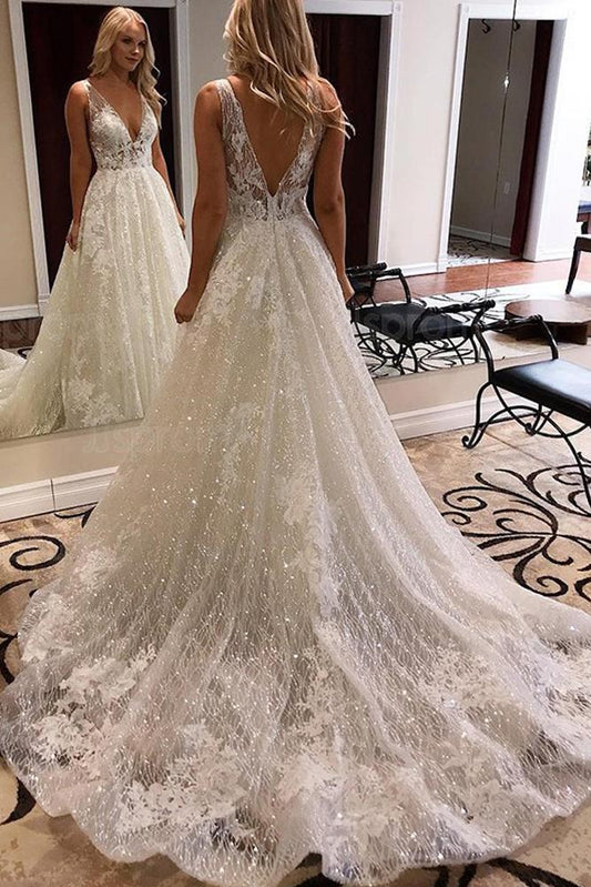 Luxurious Ball Gown V Neck Open Back Ivory Lace Wedding Dresses,Sequins Beach Bridal Dresses SRS15259
