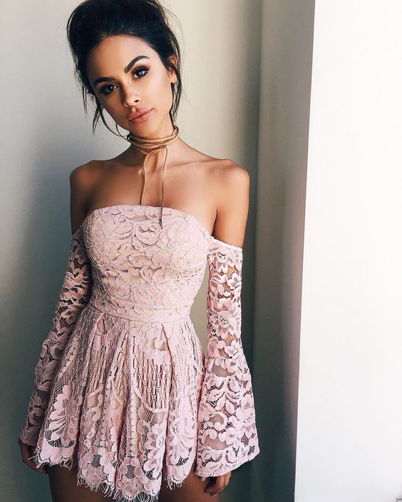 Homecoming Dresses A-Line Off-the-Shoulder Long Ali Sleeves Short Blush Lace Cocktail 2024