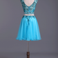 Two Pieces Scoop Homecoming Dresses A Line Tulle With Beads Mini