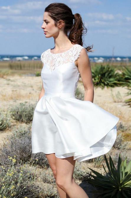 A Line Round Neck Open Back Short Beach Wedding Dress with Lace Pockets SRS15018