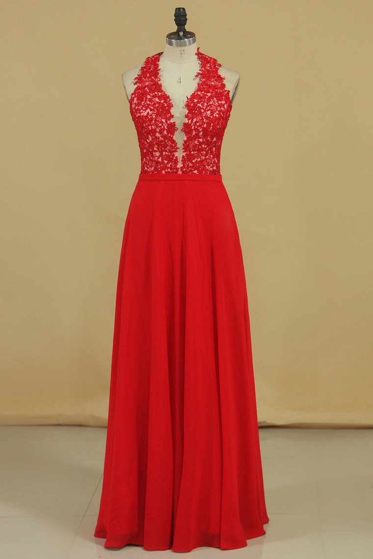 New Arrival V Neck Prom Dresses A Line Chiffon With Applique And Beads Floor Length