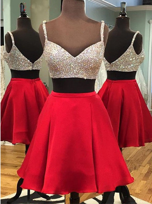 April Two Piece Spaghetti Straps Above-Knee Homecoming Dresses Red with Sequins Beading
