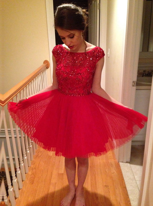 A-Line Homecoming Dresses Bateau Rhianna Cap Sleeves Knee-Length Red 2024 with Beading Lace