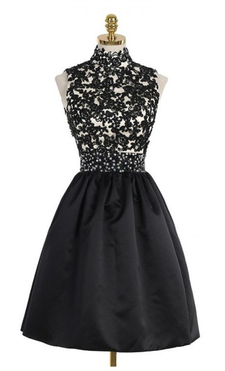A-Line High Neck Open Back Above-Knee Homecoming Dresses Black 2024 with Caroline Lace Sequins