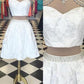 Trendy Two Piece Bateau Cap Sleeves Short White Homecoming Dress Beading Lace