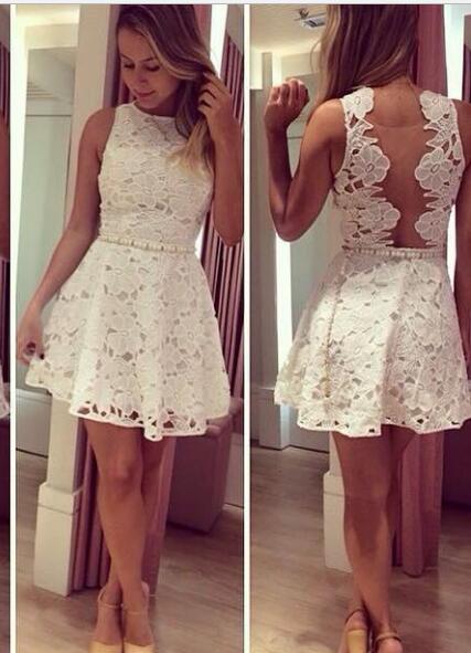 A-Line Bateau Short Illusion Back Homecoming Dresses White Brooklynn Lace with Beading