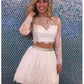 Two Piece Homecoming Dresses Bateau Jaden Long Sleeves White Tulle 2024 with Lace Beading