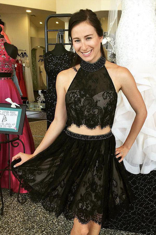 Two Piece Irene High Neck Beading Lace Black Homecoming Dresses 2024