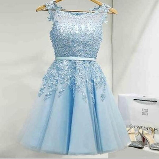 A-Line Jewel Light Blue Chiffon Homecoming Dresses Short 2024 with Appliques Halle Pleats