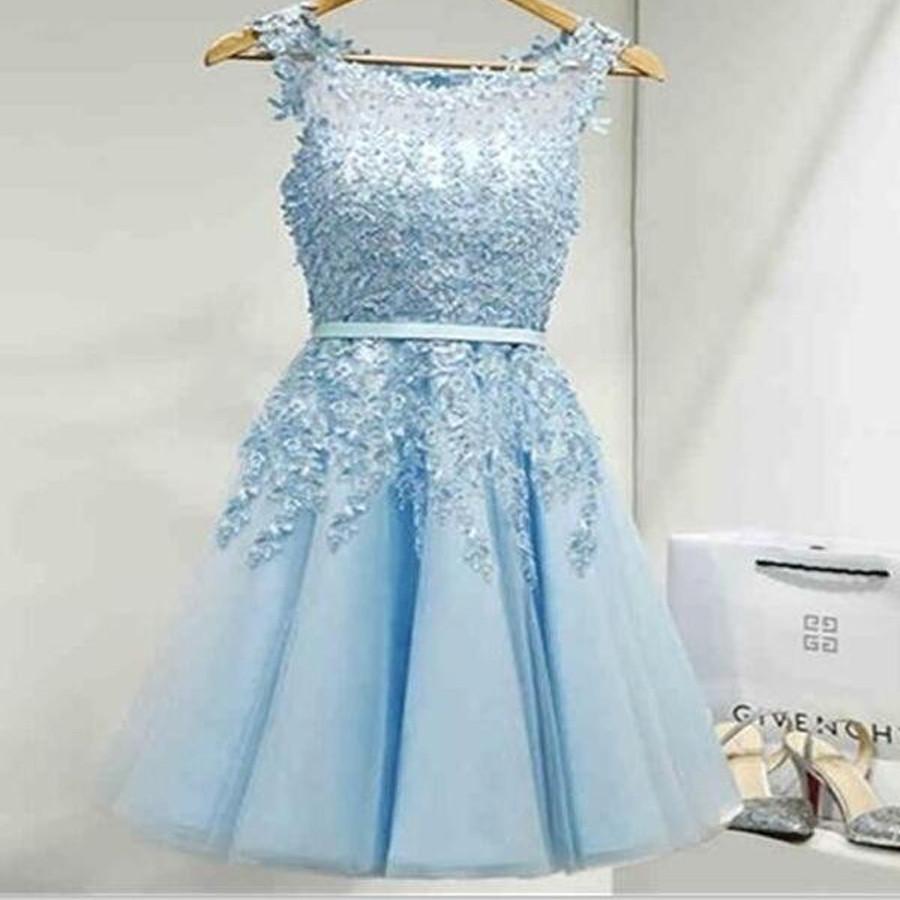 A-Line Jewel Light Blue Chiffon Homecoming Dresses Short 2024 with Appliques Halle Pleats