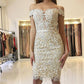 Homecoming Dresses Jaylyn Sheath Off-the-Shoulder Knee-Length Light Champagne Lace 2024
