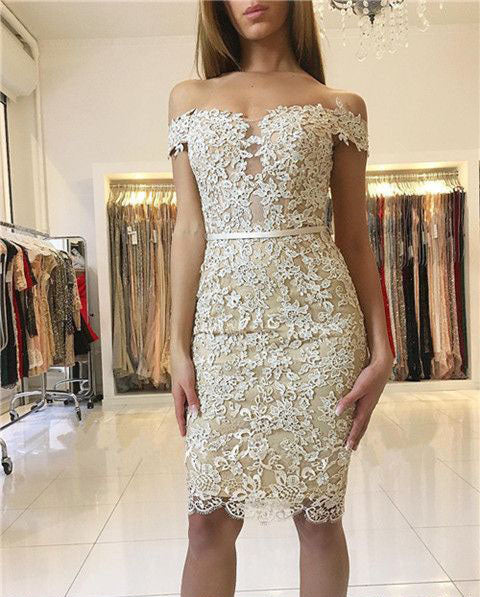 Homecoming Dresses Jaylyn Sheath Off-the-Shoulder Knee-Length Light Champagne Lace 2024